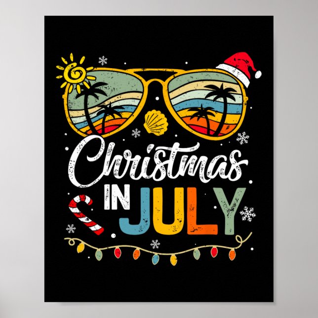 Poster Natal em julho Santa Hat Óculos de sol Verão Vaca (Frente)