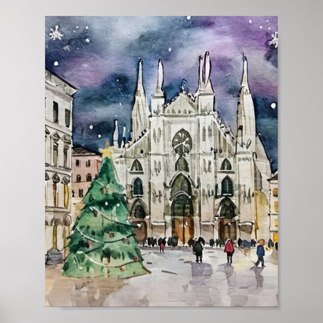 Poster Natal em Milão Itália Watercolor (Frente)