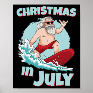 Poster Natal engraçado em julho Verão Papai Noel surfando
