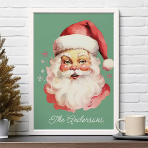 Poster Natal Família Papai Noel Vintage Retro Verde