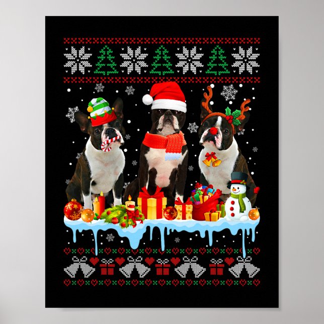 Poster Natal Feio Papais noeis de Cachorro de Boston Terr (Frente)