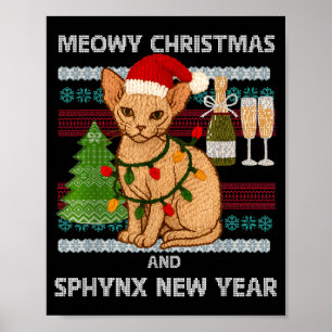 Poster Natal Feliz Meowy Gato Sphynx Divertido Chapéu do 