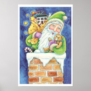 Pôster Natal Fofo, Papai Noel na Chaminé com Brinquedos