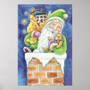 Pôster Natal Fofo, Papai Noel na Chaminé com Brinquedos