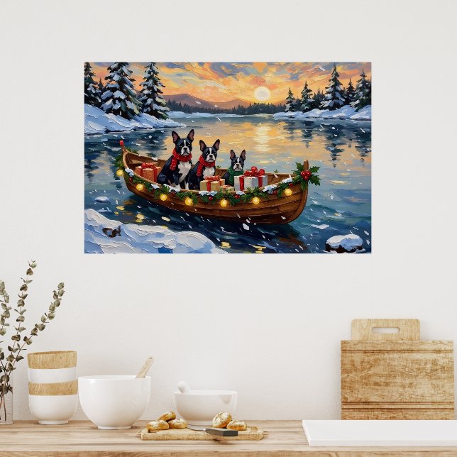 Poster Natal no Barco do Boston Terrier (Cozinha)