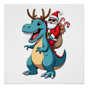 Pôster Natal Papai Noel Montado Dinossauro Veado Natal (1