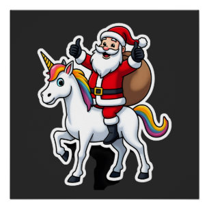 Pôster Natal Papai Noel Montando Unicórnio - Garotas de N
