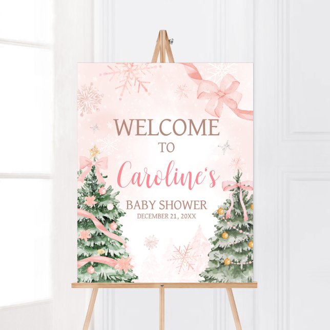 Poster Natal rosa É frio lá fora (Baby It's Cold Outside Pink Christmas Baby Shower Welcome Sign)