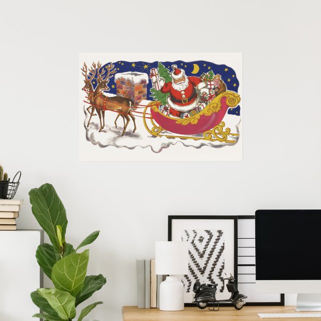 Poster Natal Vintage, Alegre Papai Noel com Trenó (Escritório em casa)