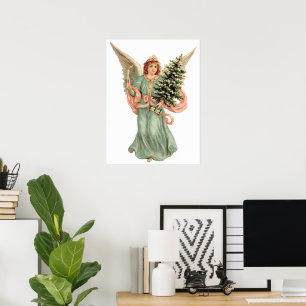Poster Natal vintage, anjo do Victorian com árvore