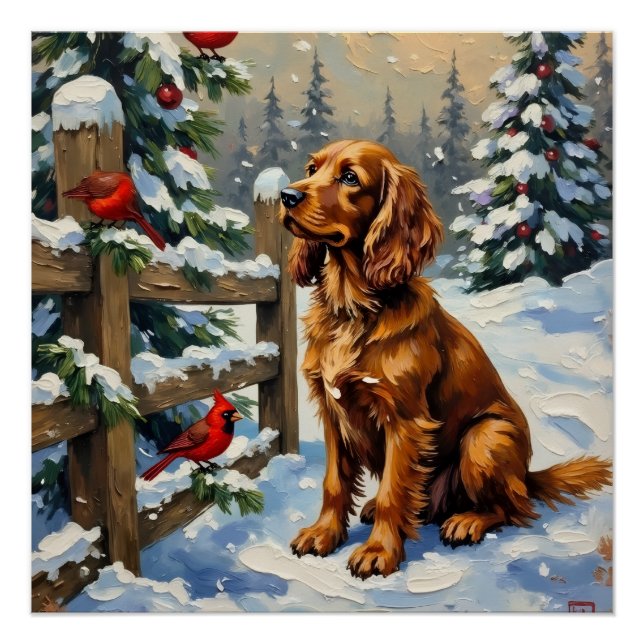 Pôster Natal Vintage do Cocker Spaniel e Cardinals (Frente)