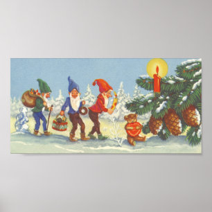 Poster Natal vintage, duendes no inverno da floresta da