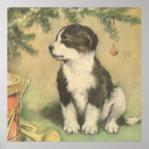 Poster Natal vintage, filhote de cachorro bonito sob a