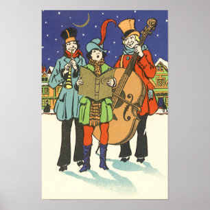 Pôster Natal vintage, músicos Caroling com música