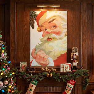 Pôster Natal vintage, Papai Noel alegre com um segredo