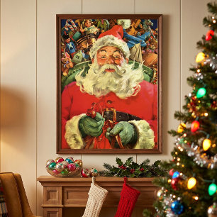 Pôster Natal vintage Papai Noel em Sleigh com Brinquedos