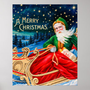 Poster Natal Vintage Verde Trenó do Papai Noel Estrela No