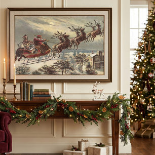 Poster Natal vintage, Victorian Papai Noel no trenó