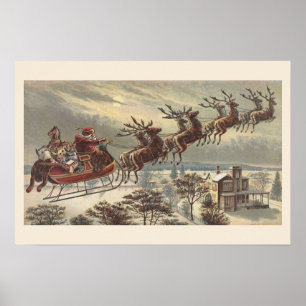Pôster Natal vintage, Victorian Papai Noel no trenó