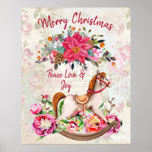 Poster Natal Vitoriano do Cavalo Rocking e Poinsettia