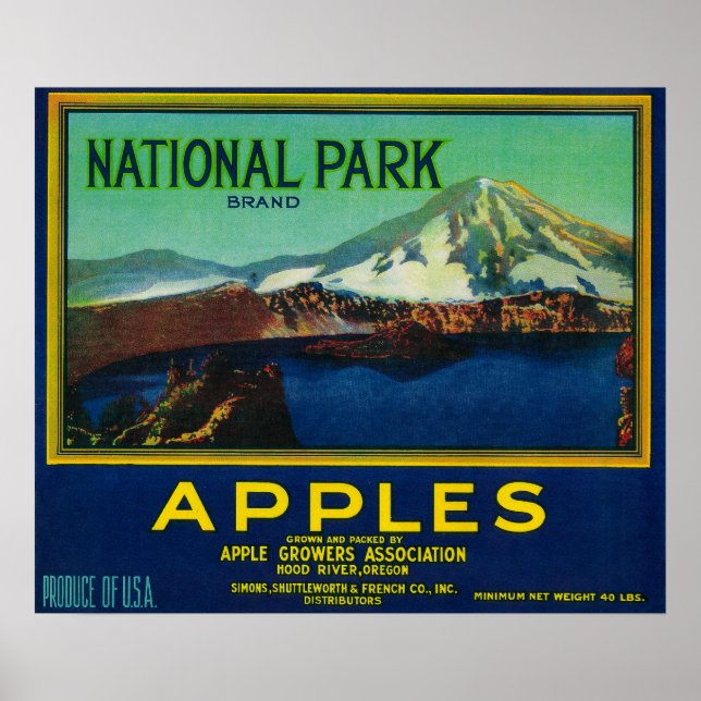 Pôster National Park Apple Crate LabelHood River, OU (Frente)