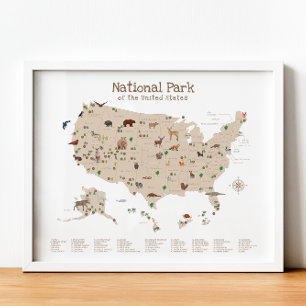 Poster National Park Map Woodland Animal Nursersery Impre