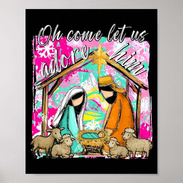 Poster Nativity Scene Oh Come Let Us Adore Him Christmas  (Frente)