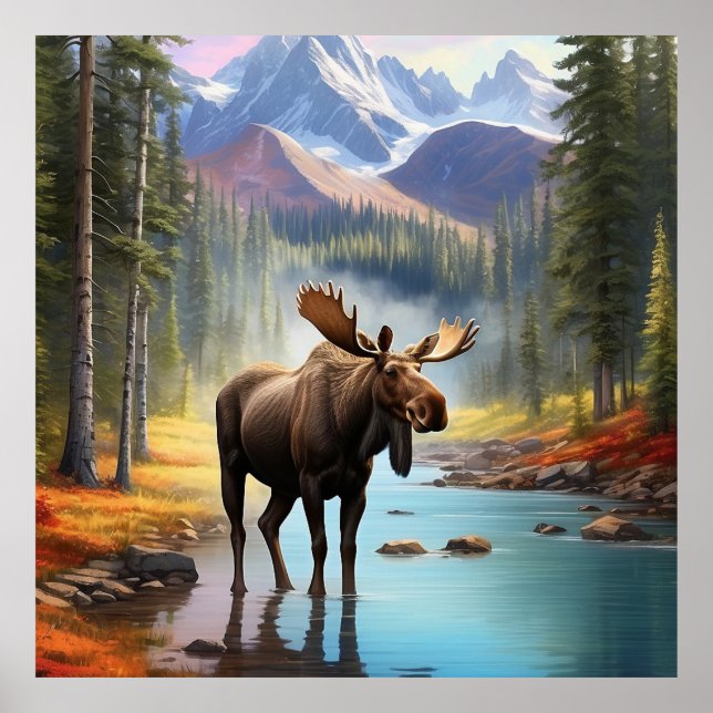 Poster *~* Nature AP49 MOOSE Mountain Forest STREAM (Frente)