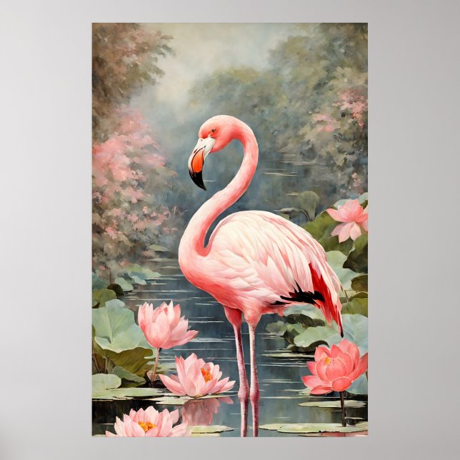 Poster Nature Lotus Pond Pink Flamingo Vintage (Frente)