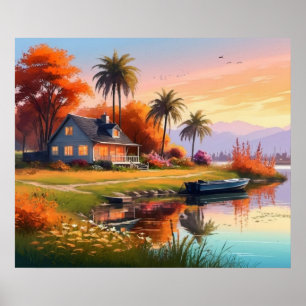 Poster Nature Sunset Painting with Lake, Cottage