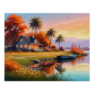 Pôster Nature Sunset Painting with Lake, Cottage