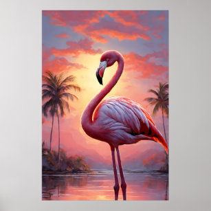 Poster Nature Sunset Pink Flamingo Vintage