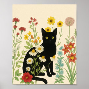 Poster Natureza Botânica – Gata Preta no Jardim de Flores