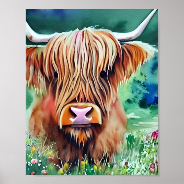 Poster Natureza Highland Cow Watercolor (Frente)