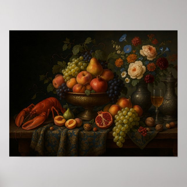 Poster Natureza-morta barroca com frutas e lagosta (Frente)