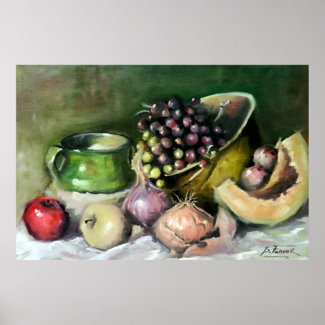 Poster Natureza-Morta de Outono com Frutas e Cebolas: Art (Frente)