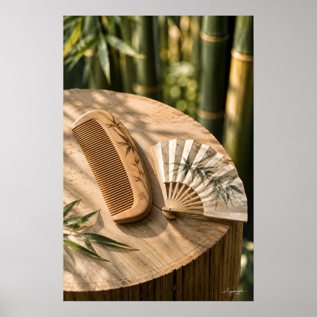 Poster Natureza-morta de Pente de Bambu Japonês e Leque d (Frente)