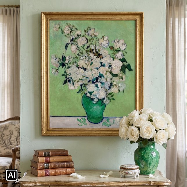 Poster Natureza Morta Rosas em um Vaso por Vincent van Go (Roses by Vincent van Gogh is a vintage fine art post impressionism still life floral painting.)