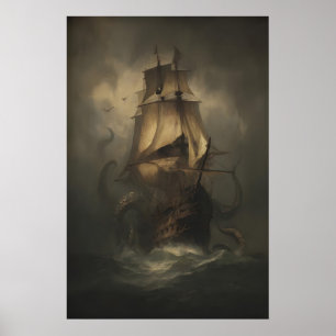Poster Nau Kraken Pirata, Pintura de Polvo Gigante, Gótic