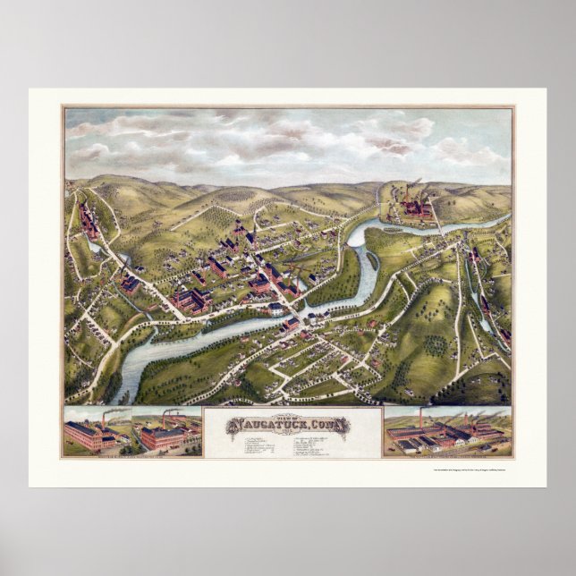 Pôster Naugatuck, CT Mapa Panorâmico - 1877 (Frente)