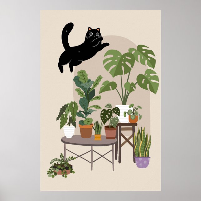 Poster Naughty Black Cat & Monstera Jungle (Frente)