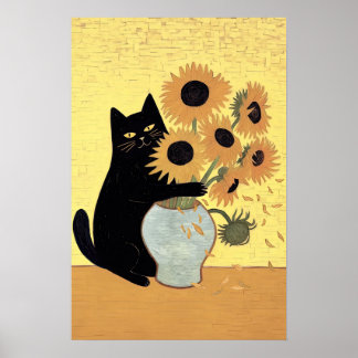 Poster Naughty Black Cat Sunflower Painting Style