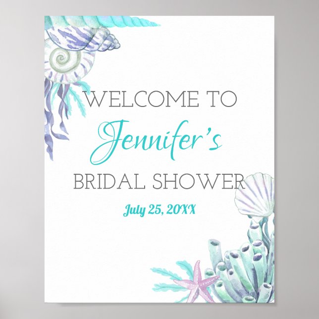 Poster Nautical Beach Aqua Shell Bridal Shower Welcome (Frente)