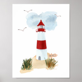 Poster Nautical Beach Red And White Lighthouse Nursery