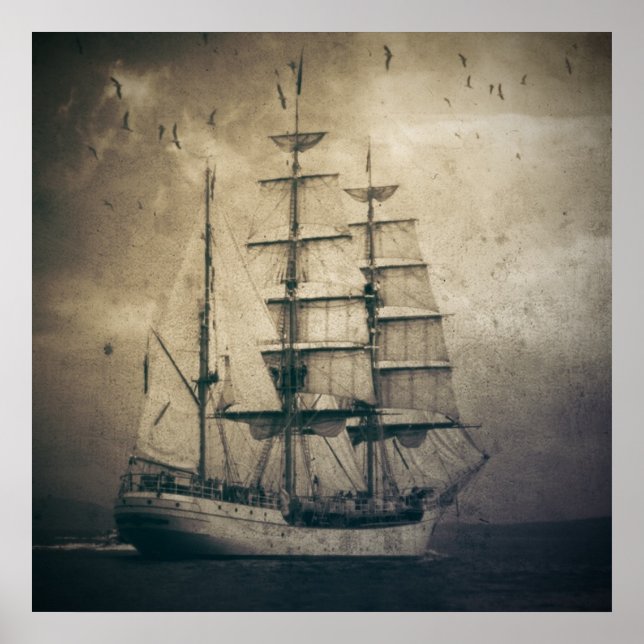 Pôster Nautical Ocean Sea Vintage Sailing sailboat (Frente)