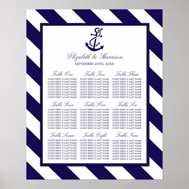 Pôster Nautical Stripes & Navy Blue Anchor Wedding (Frente)