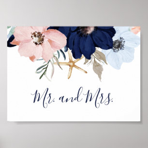 Poster Náutico Moderno Símbolo Floral Mr e Mrs Wedding