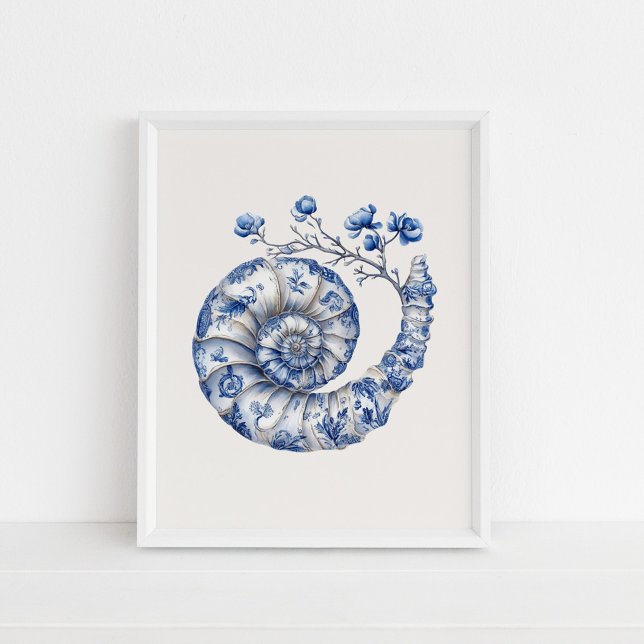 Poster Nautilus Shell - Azul Costeiro na Arte de Parede B (Nautilus Shell – Coastal Blue on Beige Wall Art in a white frame on the floor)
