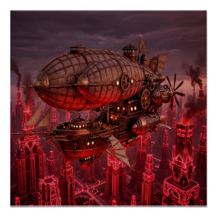 Pôster Nave Aérea Steampunk Voando Acima da Cidade