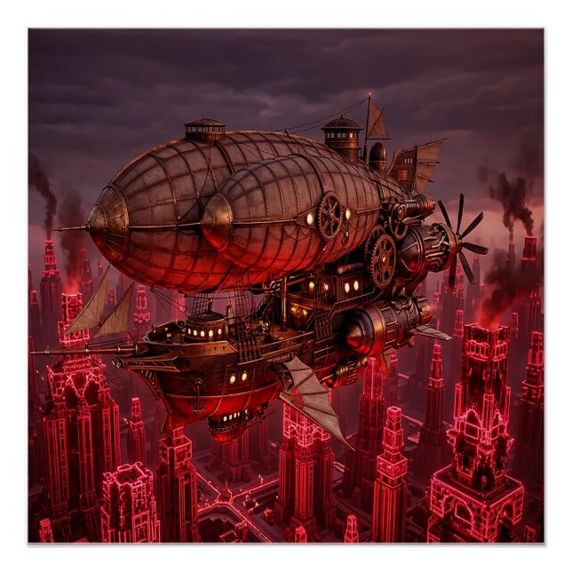 Pôster Nave Aérea Steampunk Voando Acima da Cidade (Frente)